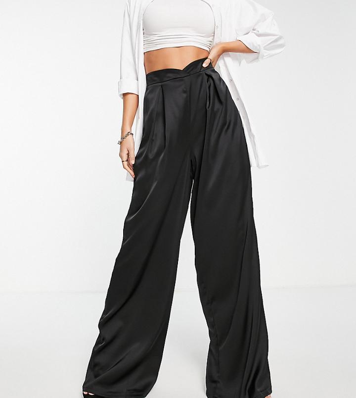 Flounce London Tall Pleated Wide Leg Satin Pants In Black