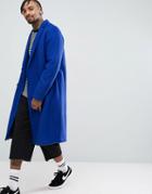 Asos Drop Shoulder Double Breasted Overcoat In Blue Texture - Blue