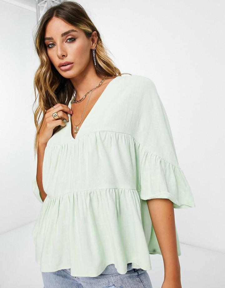 Asos Design Tiered Smock Top With Ruffle Sleeves In Apple-green