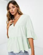 Asos Design Tiered Smock Top With Ruffle Sleeves In Apple-green