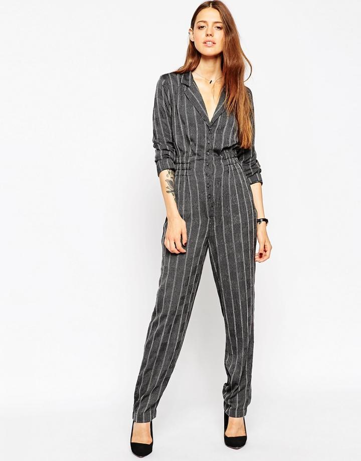 Asos Button Front Gathered Waist Jumpsuit - Mono