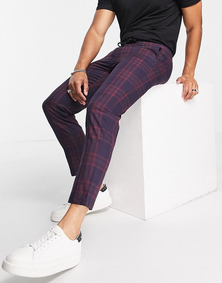 Topman Smart Pants In Navy & Burgundy Check