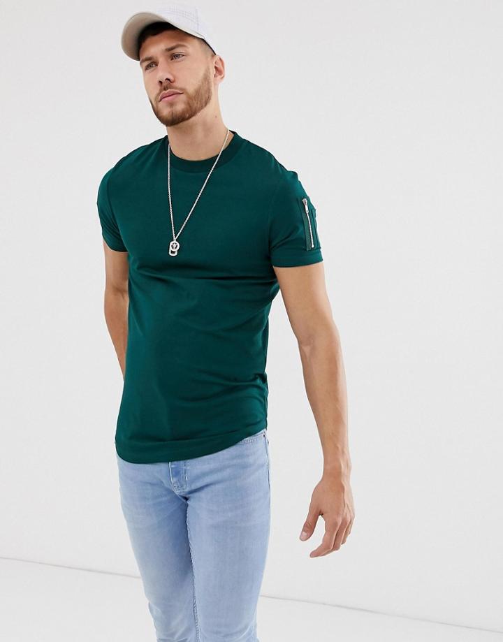 Asos Design Skinny Longline T-shirt With Curved Hem And Ma1 Pocket In Green