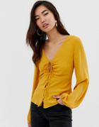 Asos Design Long Sleeve Tea Blouse With Ruched Detail-yellow