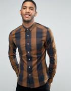 Asos Skinny Shirt In Camel Block Check - Tan