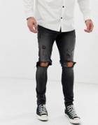 Asos Design Super Skinny Jeans In Washed Black With Heavy Rips - Black