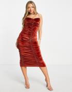 Asos Design Cami Ruched Velvet Midi Dress In Rust-red