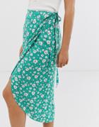 Asos Design Wrap Midi Skirt With Tie Side In Green Floral-multi
