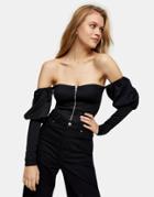 Topshop Ponte Bardot Top With Zip Detail In Black-brown