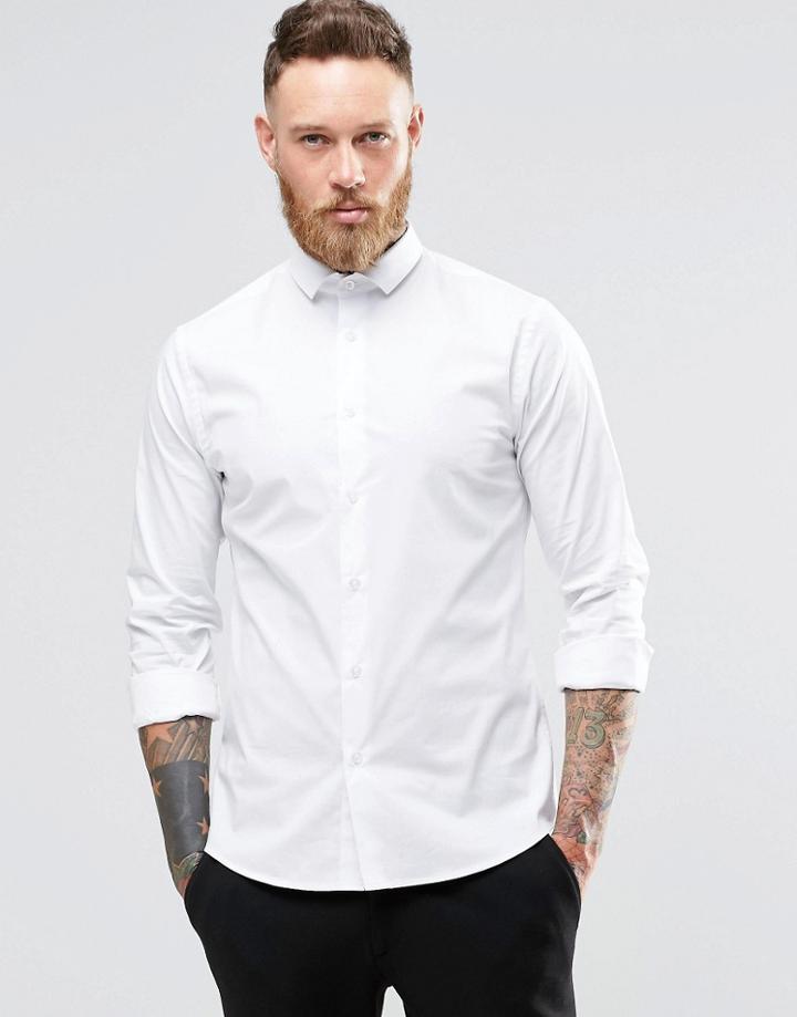 Noose & Monkey Skinny Shirt With Cut Away Collar With Stretch - White