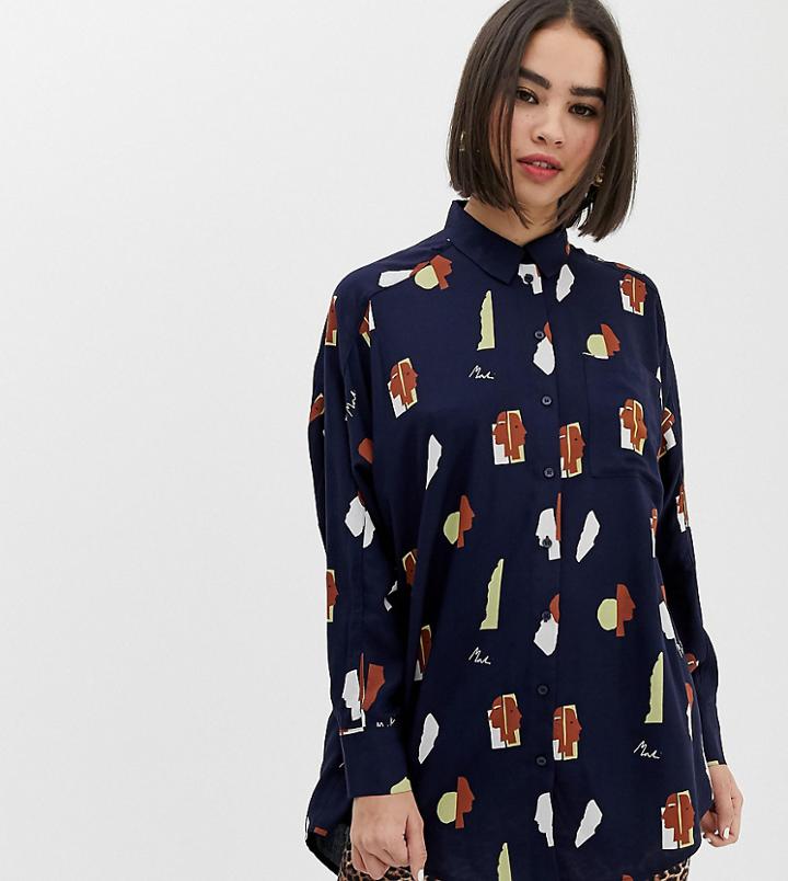 Monki Oversized Longline Blouse With Face Print In Navy