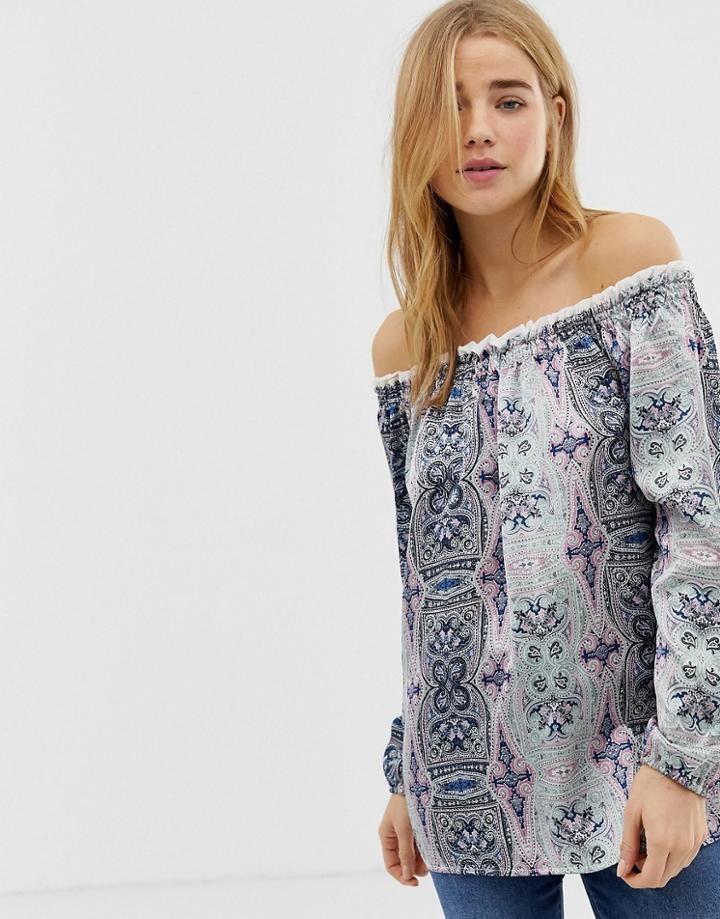 Qed London Off Shoudler Tunic Top In Border Print - Multi