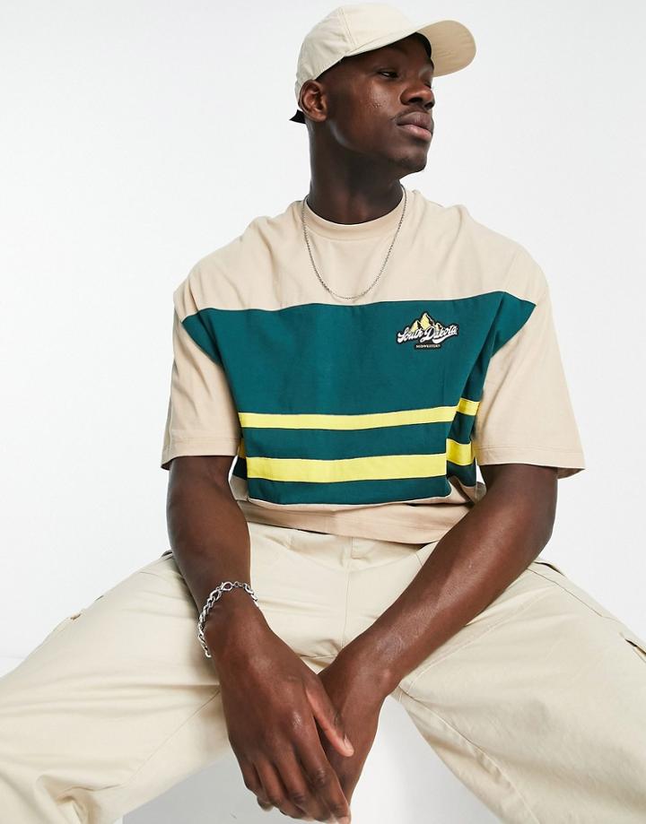 Asos Design Oversized T-shirt In Beige And Green Color Block With Mountain Print-neutral