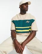 Asos Design Oversized T-shirt In Beige And Green Color Block With Mountain Print-neutral