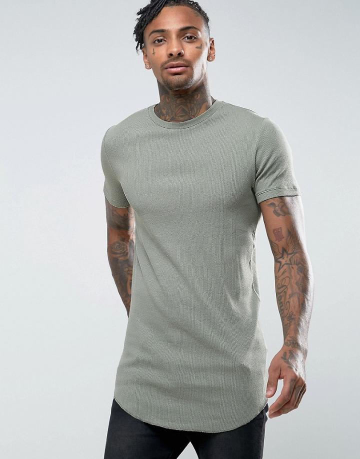 Asos Super Longline Muscle Rib T-shirt With Curved Hem In Khaki - Green
