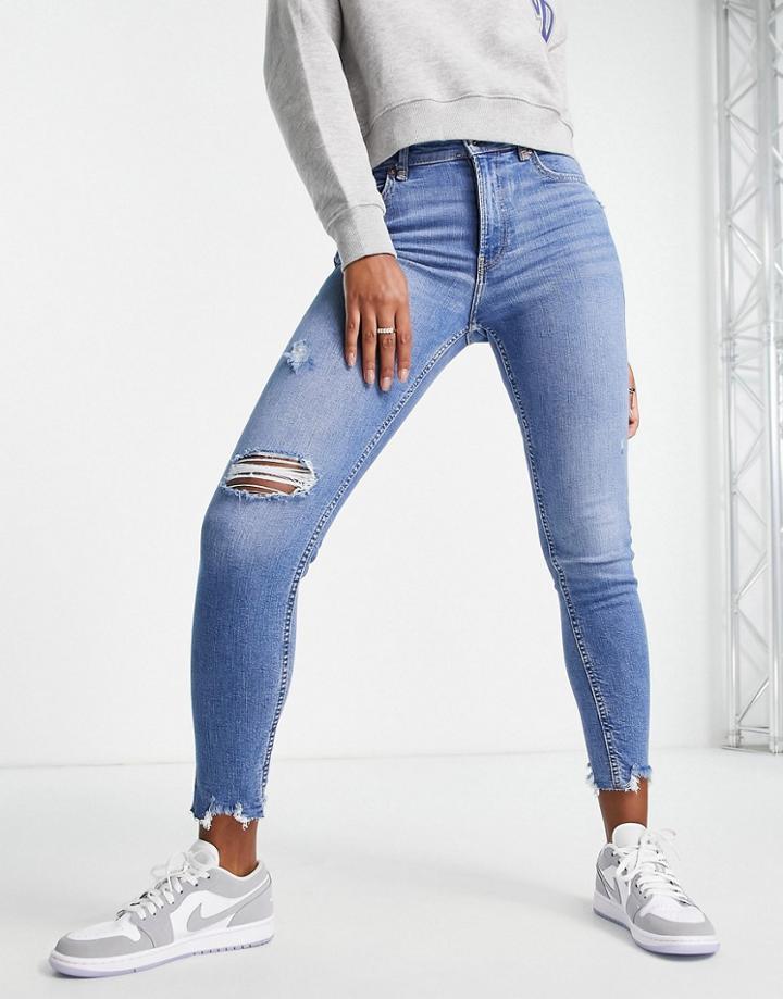 Bershka Low Waist Skinny Jean With Rips In Medium Blue