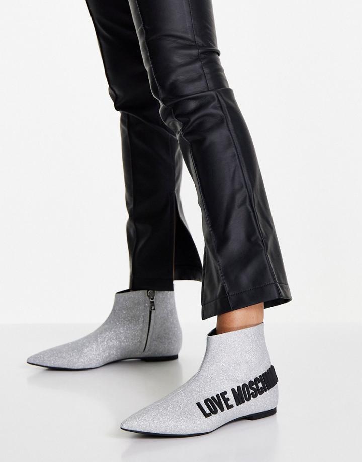 Love Moschino Pointed Low Ankle Boots In Silver Glitter