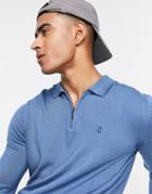 River Island Zip Up Polo Top In Blue