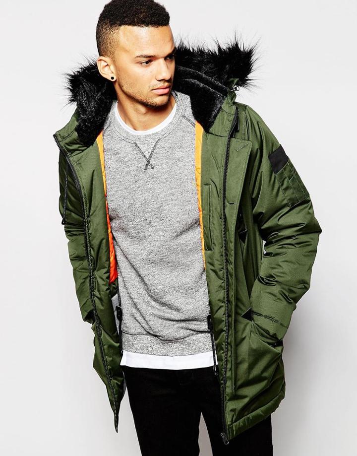 D-struct Coulton Faux Fur Trimmed Parka Jacket - Green