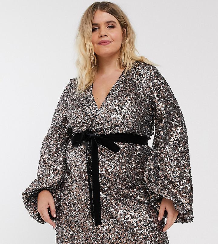 Asos Design Curve Mini Dress With Blouson Sleeve And Tie Waist-multi