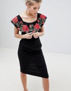 Traffic People Pencil Midi Dress With Rose Embroidery - Black