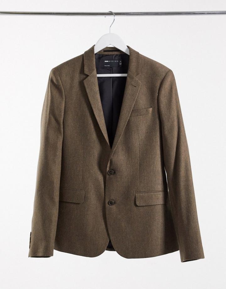 Asos Design Wedding Super Skinny Wool Mix Suit Jacket In Camel Herringbone-neutral