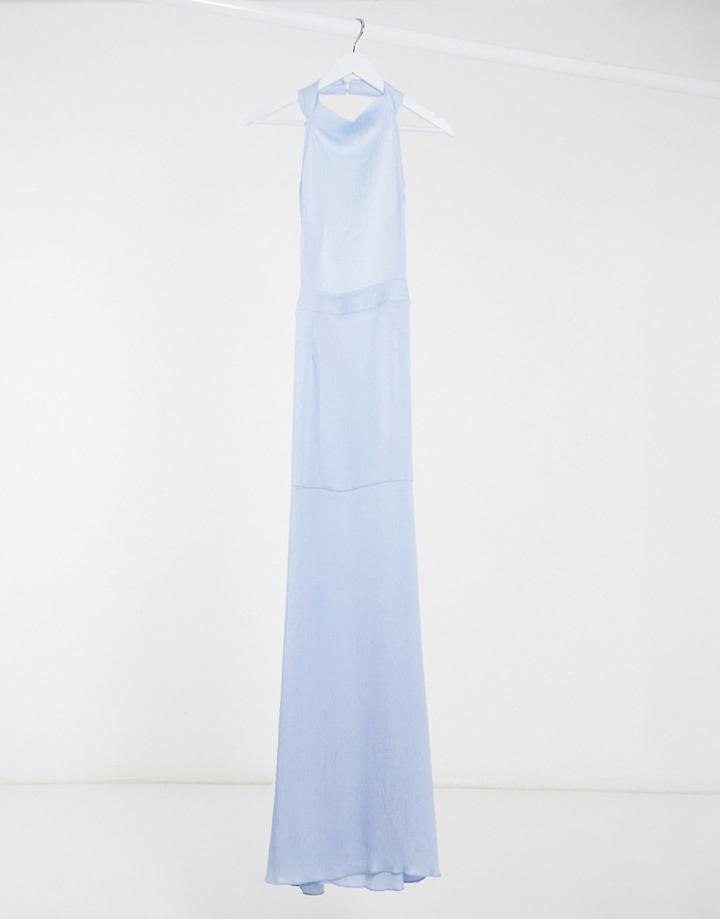 Missguided Satin High Neck Maxi Dress In Blue-blues