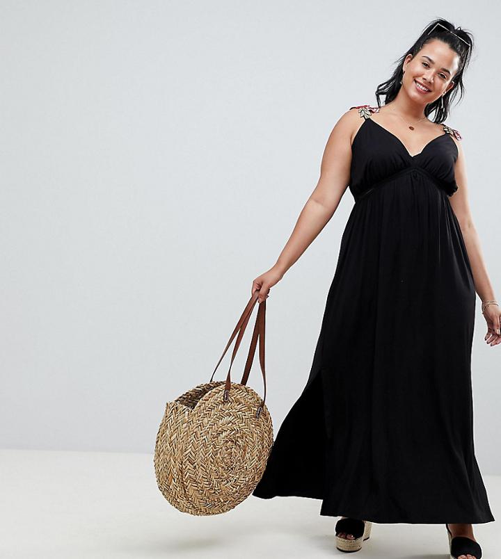 Asos Design Curve Rose Applique Strap Maxi Dress - Black