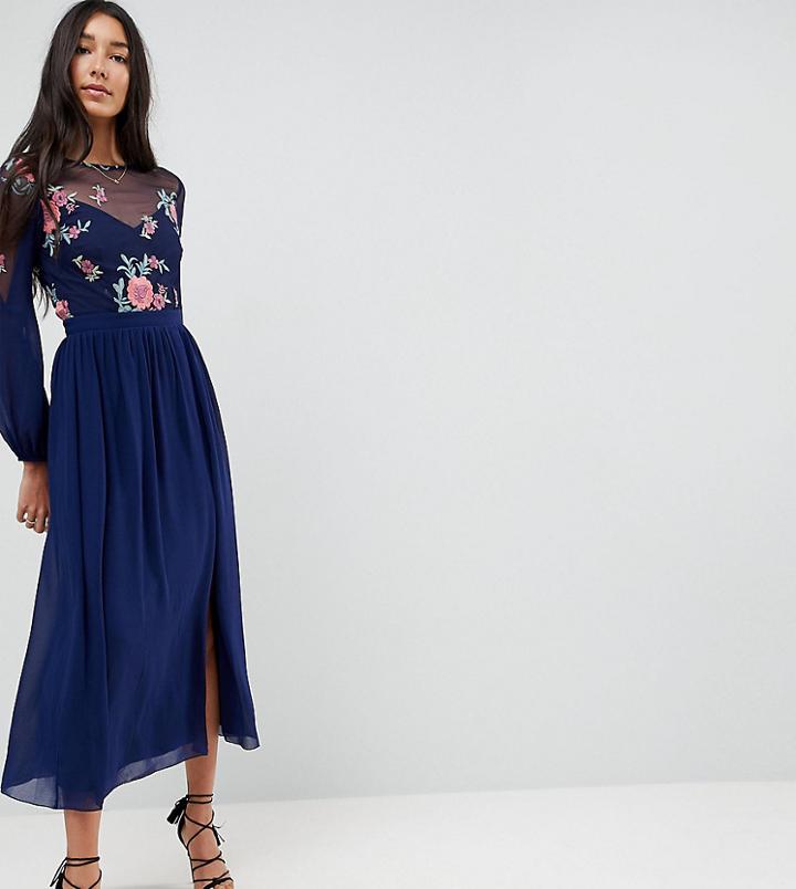 Little Mistress Tall Embroidered Top Midi Long Sleeve Skater Dress - Navy