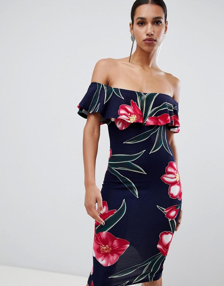 Ax Paris Frill Off Shoulder Floral Dress - Navy