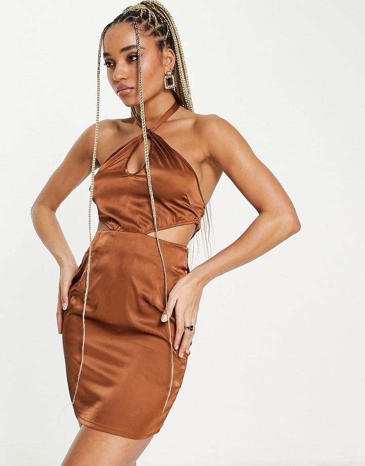 Naanaa Cut Out Satin Body-conscious Mini Dress In Brown