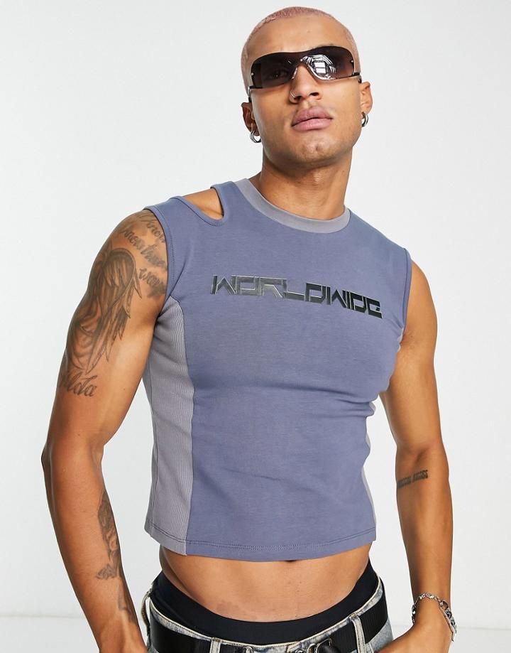 Asos Design Skinny Tank Top In Gray Color Block With Shoulder Cut Out And Front Print