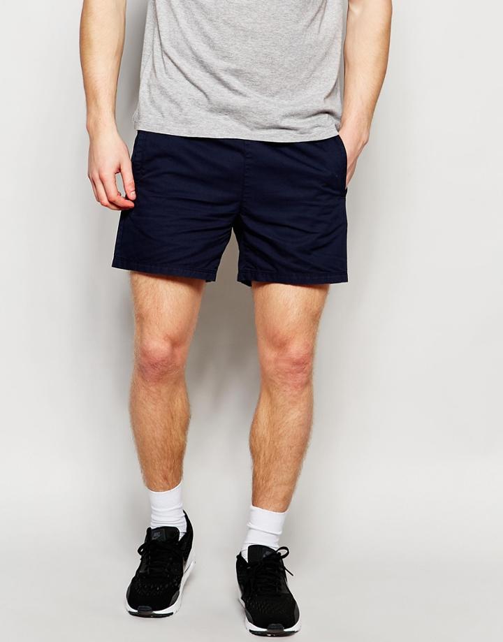 Asos Slim Chino Shorts With Elasticated Waist In Navy - Navy