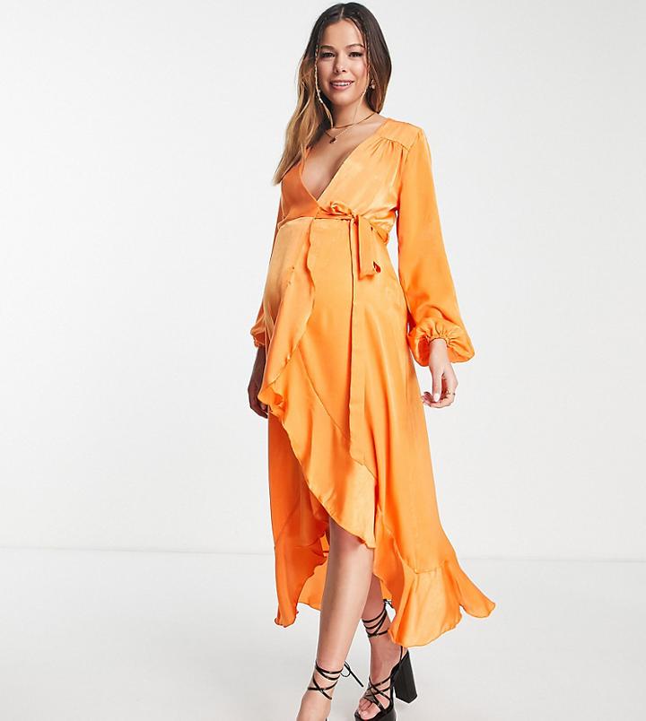 Flounce London Maternity Long Sleeve Wrap Maxi Dress In Tangerine-orange