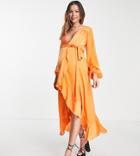 Flounce London Maternity Long Sleeve Wrap Maxi Dress In Tangerine-orange