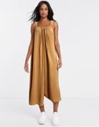 Asos Design Cami Smock Jumpsuit With Tie Back Detail In Camel-neutral