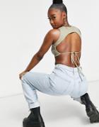 Motel High Neck Crop Top With Wrap Waist-green