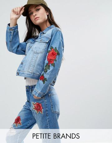 Kubban Petite Floral Embroidered Slim Denim Jacket - Blue