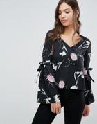 Influence V Neck Tie Sleeve Top - Black