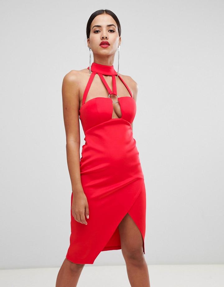 Rare High Neck Ring Detail Midi Dress - Red