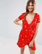 Asos Mini Frill Wrap Dress In Floral Print - Multi