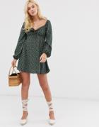 Gilli Floral Mini Dress With Tie Front Detail - Green
