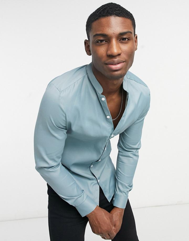 Asos Design Slim Sateen Shirt With Mandarin Collar In Sage Green