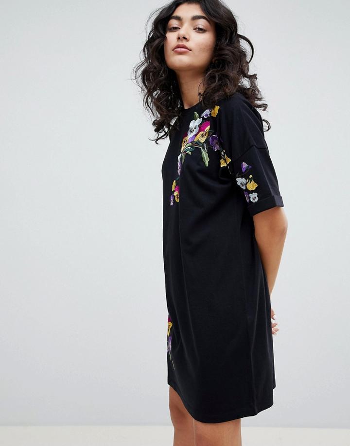 Asos Design Embroidered T-shirt Dress - Black