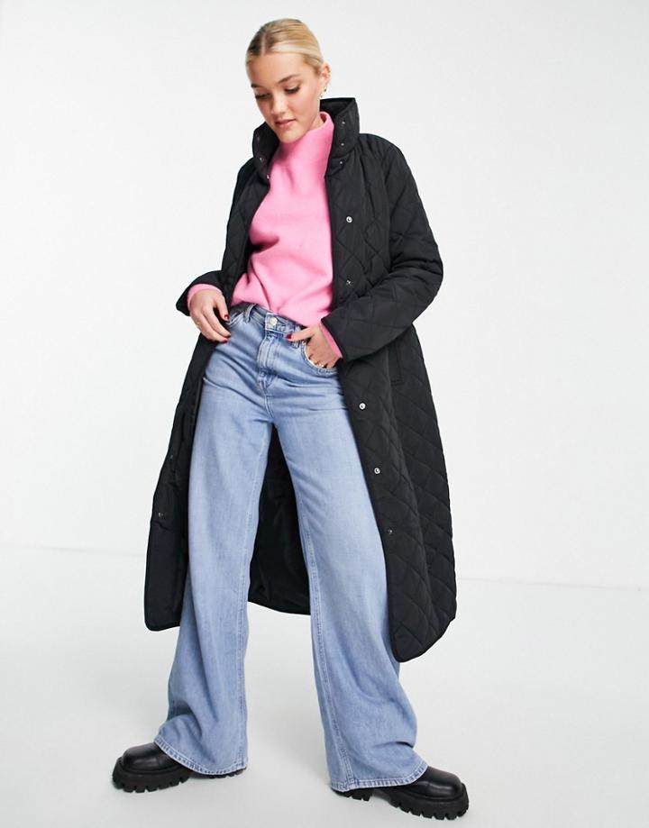 New Look Quilted Belted Midi Coat In Black