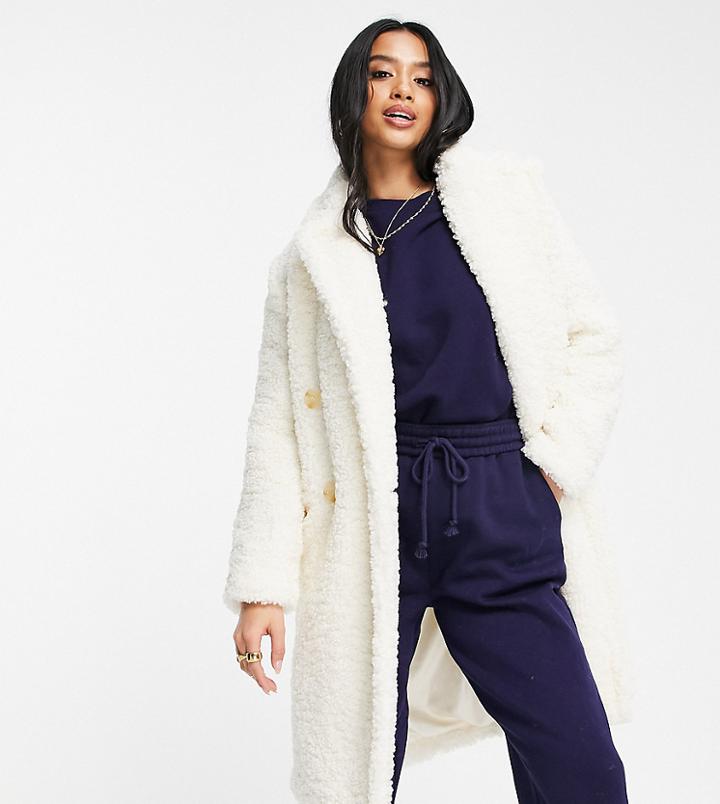 Miss Selfridge Petite Double Breasted Boucle Coat In Cream-neutral