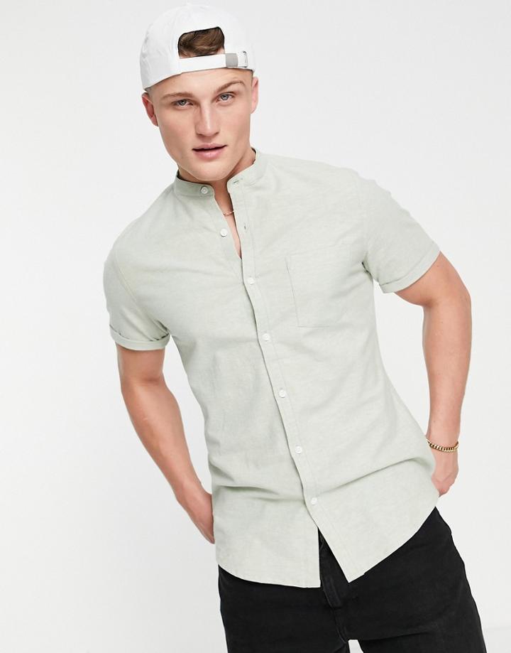 Asos Design Slim Fit Oxford Shirt With Grandad Collar In Mint-green
