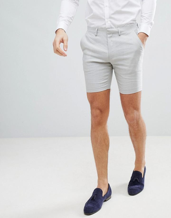 Asos Design Wedding Super Skinny Suit Shorts In Ice Gray Linen - Gray