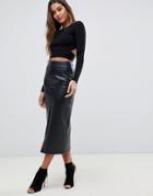 Asos Design Leather Look Longer Length Midi Skirt With Popper Front - Black