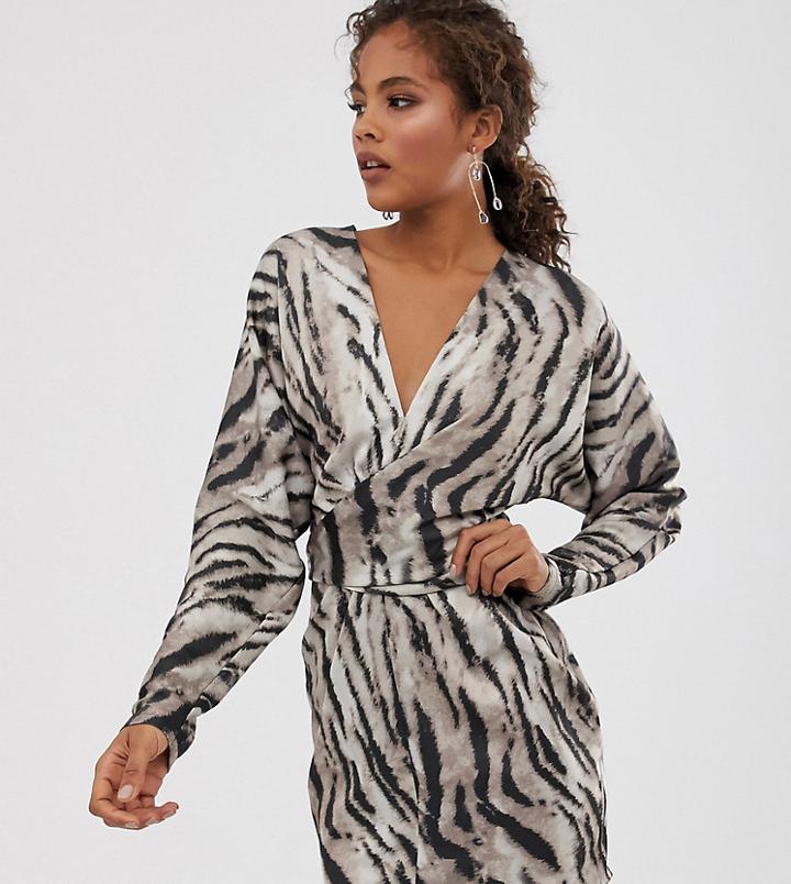 Asos Design Tall Batwing Mini Dress In Zebra Satin-multi